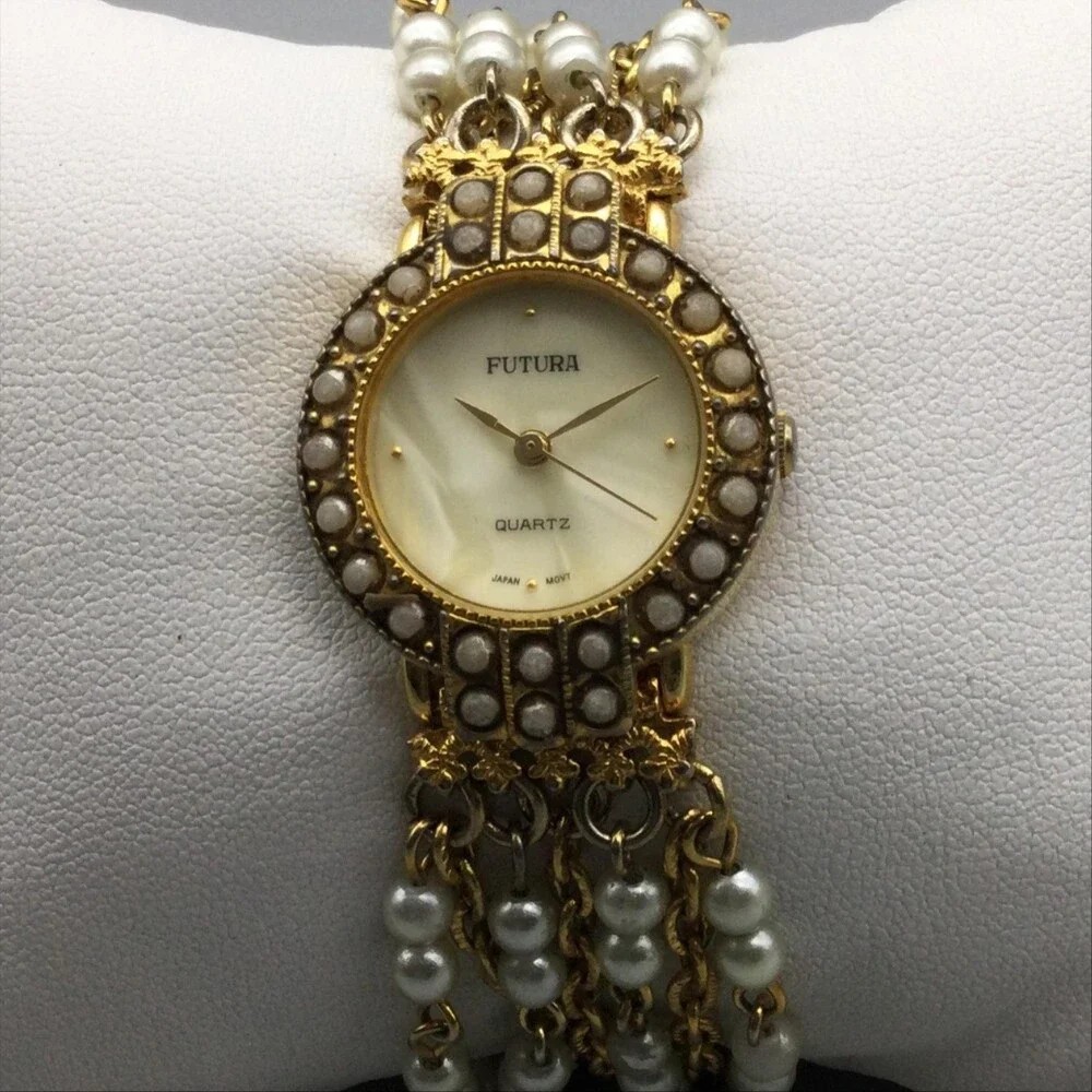 Futura Womens Watch 25mm MOP Dial Gold Tone Faux Pearl 3216 New Battery 6.75